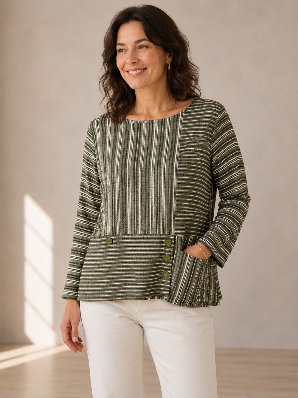 NWT Habitat Fiesta Striped Swing Pullover Boho Top Guacamole Sz S/M